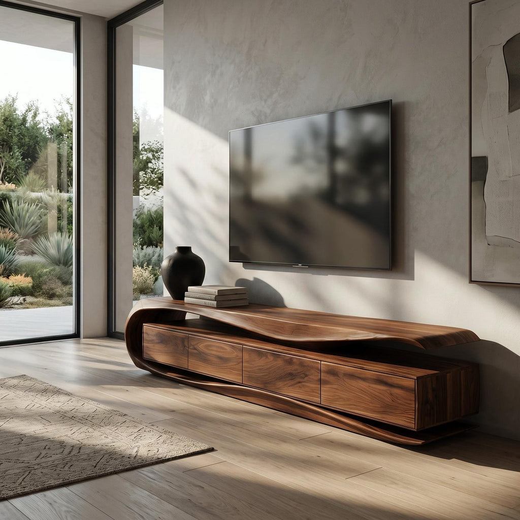 Modern Organic TV Console Table, Handcrafted Solid Wood Media Center Cabinet Sideboard Credenza for Living Room