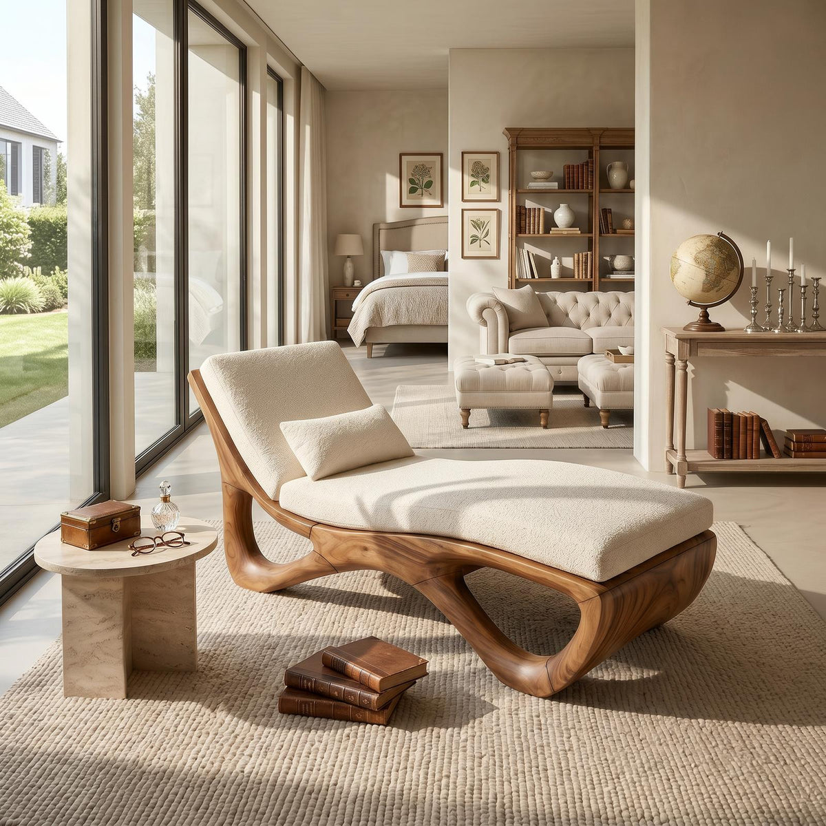 Spry Interior Luxury Organic Modern Wood Chaise Lounge, High-End Residential Daybed Sofa for Living Room, SILDTTRDB007