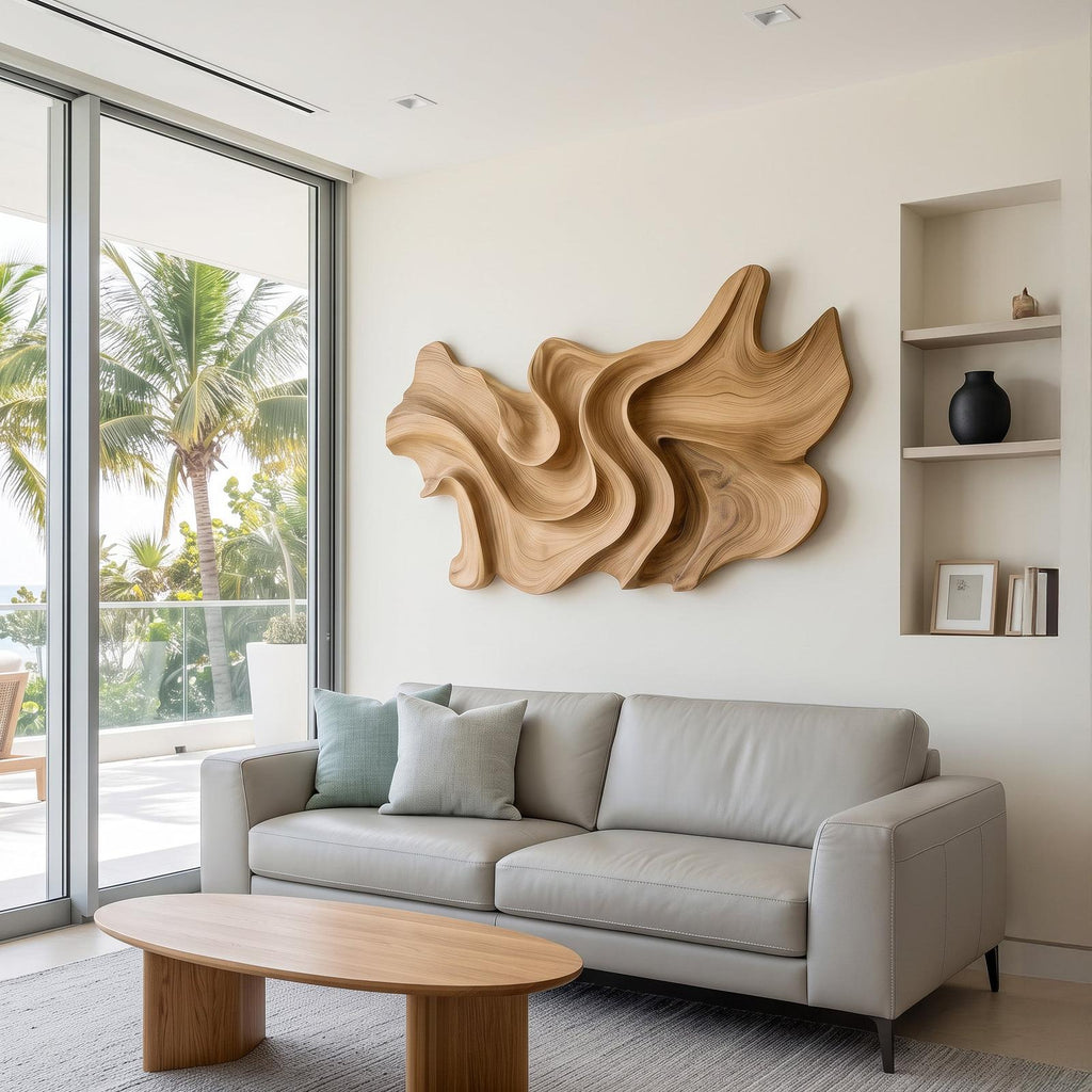 Modern Sculptural Wood Wall Art, 3D Hand-Carved Abstract Geometric Wooden Wall Hanging Panel for Living Room & Bedroom