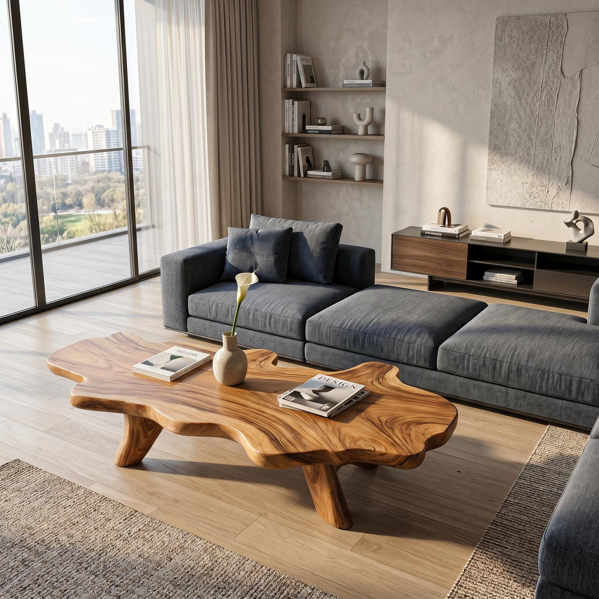 Handcrafted Solid Wood Low Coffee Table, Live Edge Natural Wood Center Table for Artisan Living Rooms