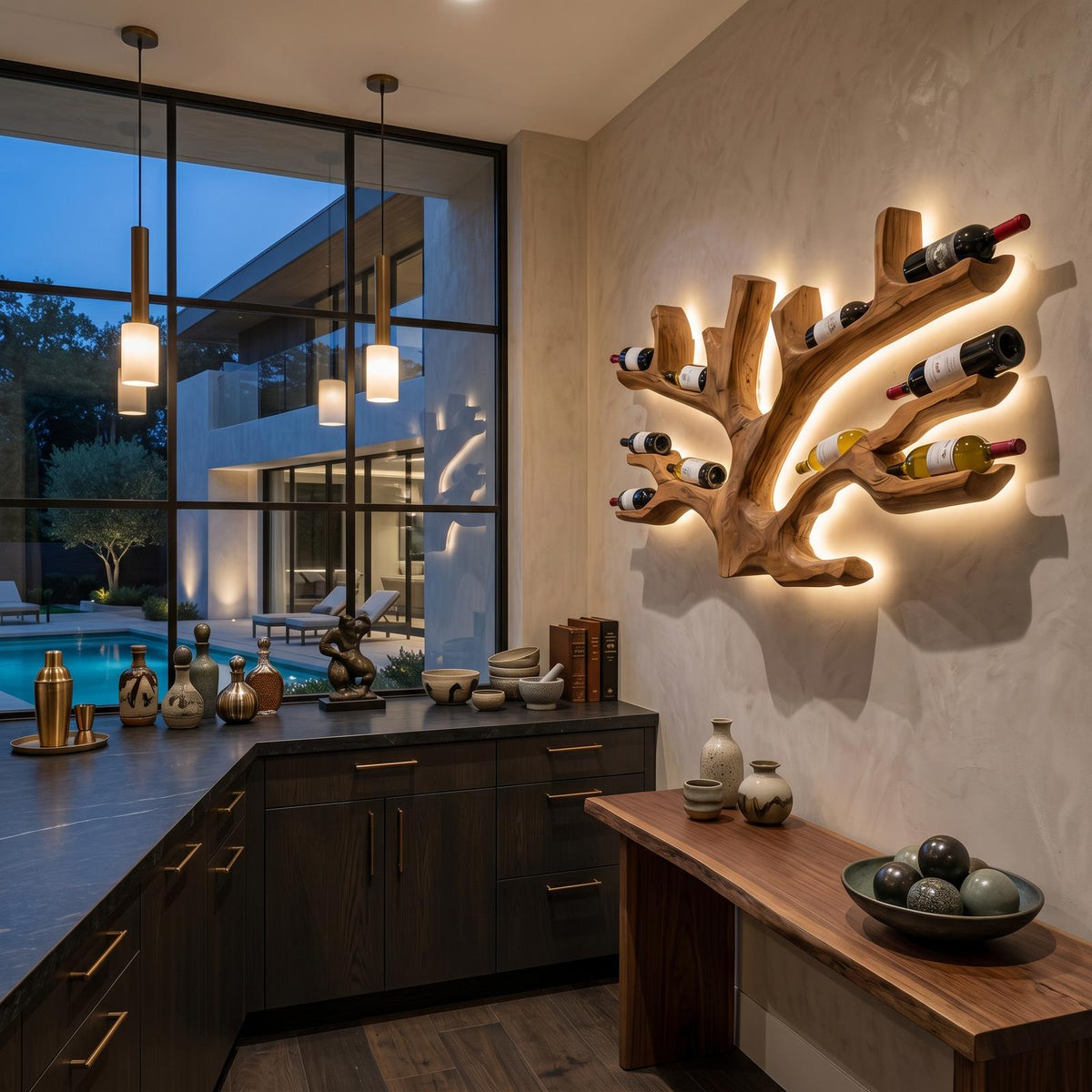 Artistic Wine Holder Wall Rack, Handcrafted Solid Wood Hanging Bottle Display Shelf for Home Bar