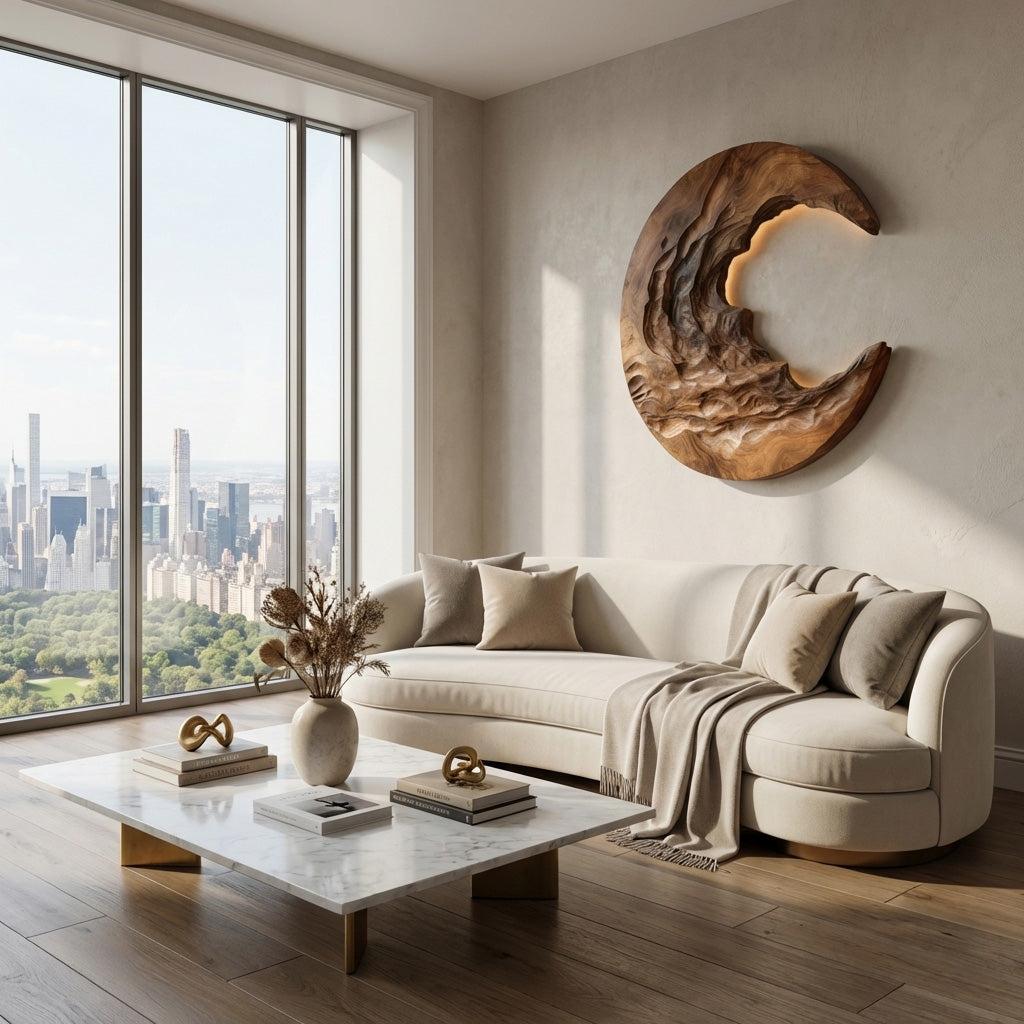 Organic Modern Crescent Wood Wall Art with Light, Lighted 3D Crescent Moon Sculpture for Living Room