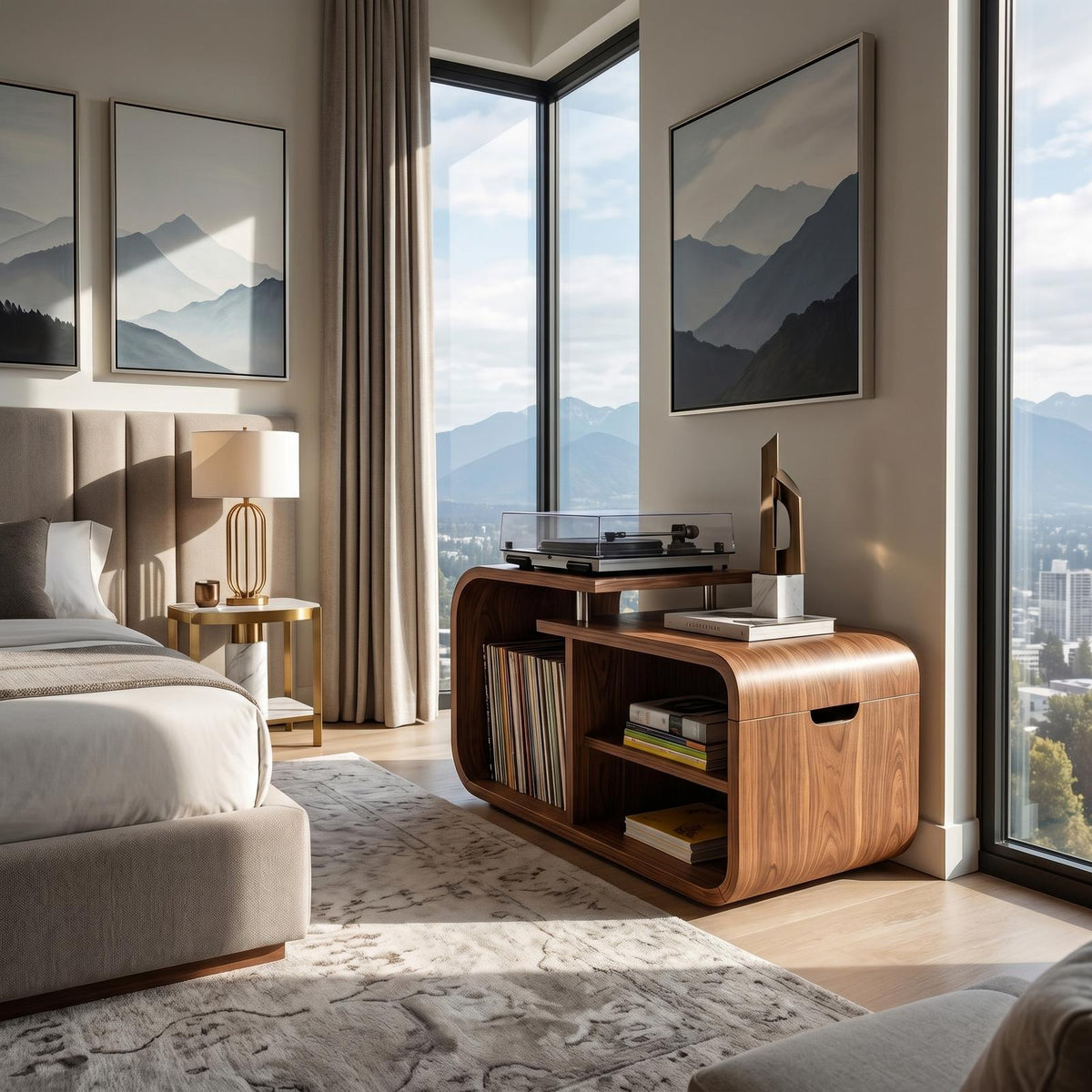 Contemporary Curved Wooden Record Player Stand, Handcrafted Modern Vinyl LP Storage Cabinet & Console, Model