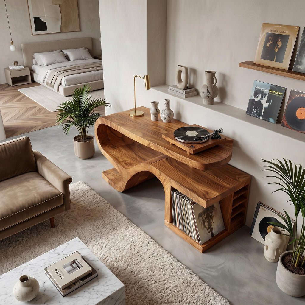 Spry Interior Minimalist Organic Wooden Record Player Stand, Handcrafted Modern Turntable Console Cabinet with Vinyl Storage, Model SILDTTRRPT043