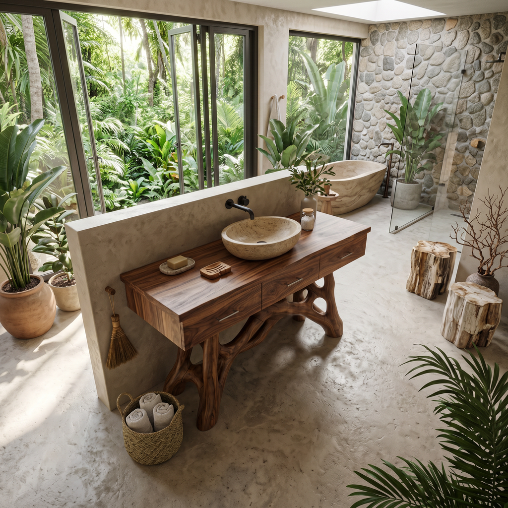 Natural Wood Sink Vanity with Drawers, Handcrafted Solid Wood Master Bathroom Storage Cabinet Console