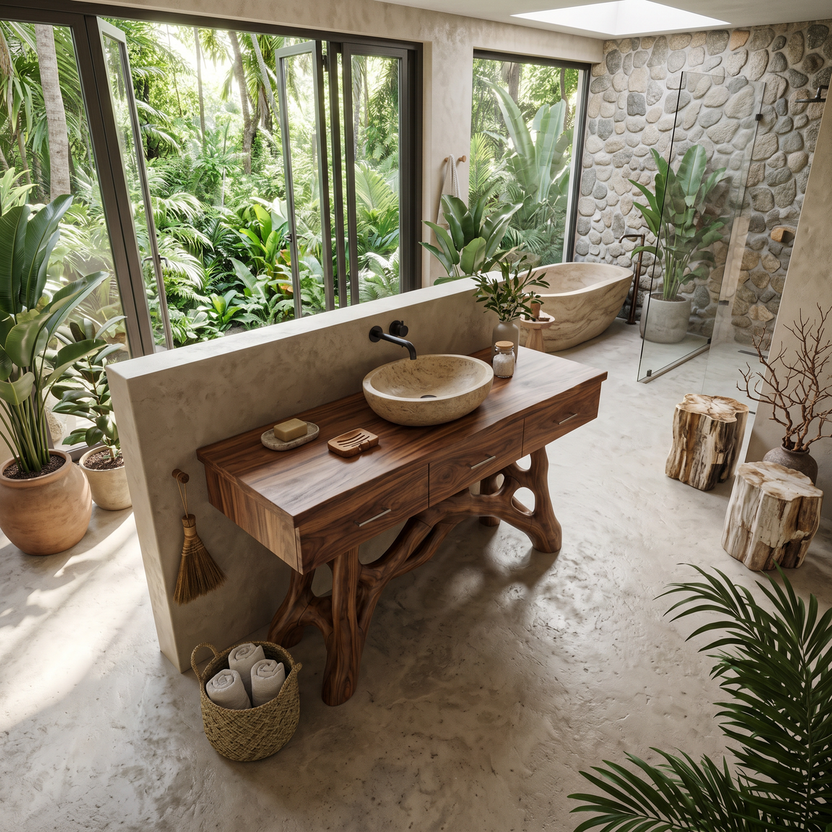 Natural Wood Sink Vanity with Drawers, Handcrafted Solid Wood Master Bathroom Storage Cabinet Console