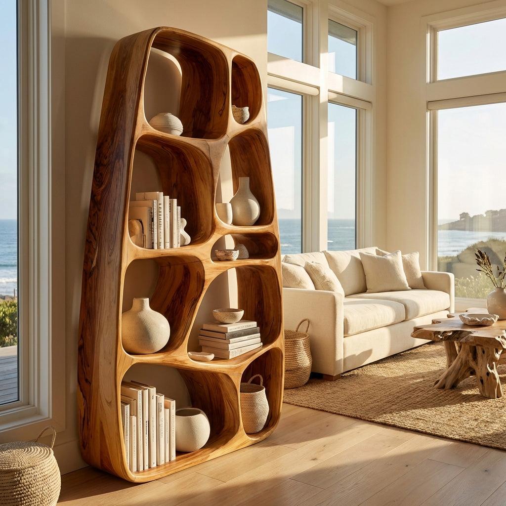 Handcrafted Wooden Sculptural Bookshelf, Solid Wood Standing Bookcase for Modern Living Room & Office Decor