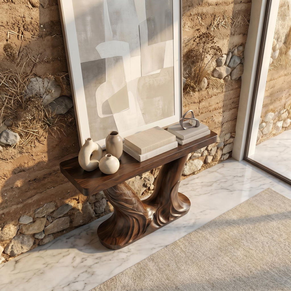 Organic Console Table, Sculptural Double Pedestal Base Solid Wood Entryway Sofa Table for Hallway & Foyer