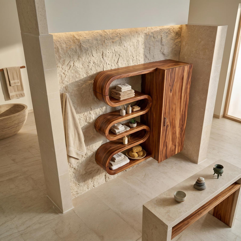 Teezano Modern Sculptural Bathroom Cabinet, Solid Wood Wellness Vanity Storage Credenza, SILDTTRBRC015