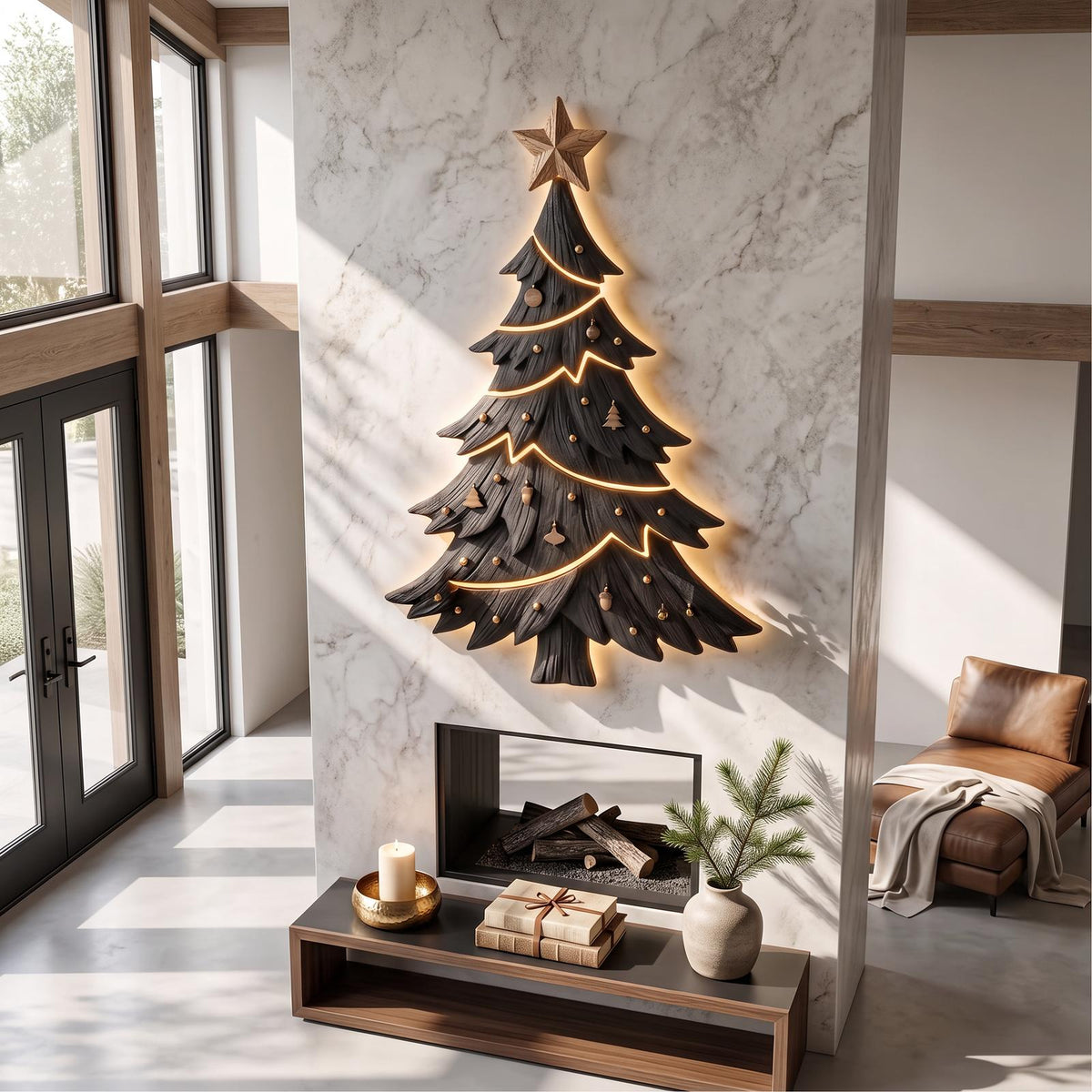 Contemporary Xmas Wall Sculpture With Evergreen Silhouette For Living Room SINLSAWA145