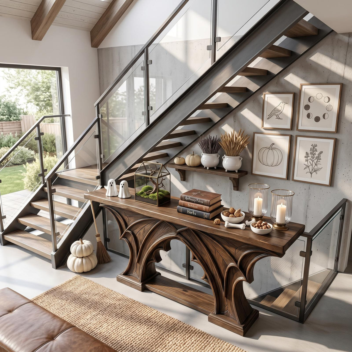 Rustic Halloween Console Table With Bat Wing Inspired Design For Hallway