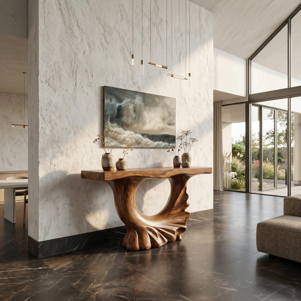 Modern Console Table, Sculptural Ring Form Pedestal Base Solid Wood Entryway Table for Living Room & Foyer