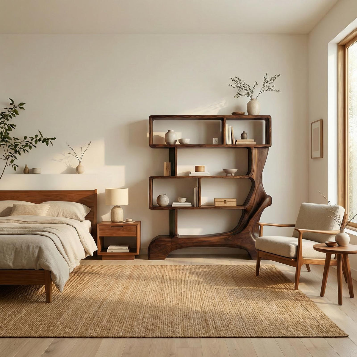 Organic Sculptural Bookshelf, Solid Wood Curved Tree Branch Bookcase, Decorative Display Shelf for Office