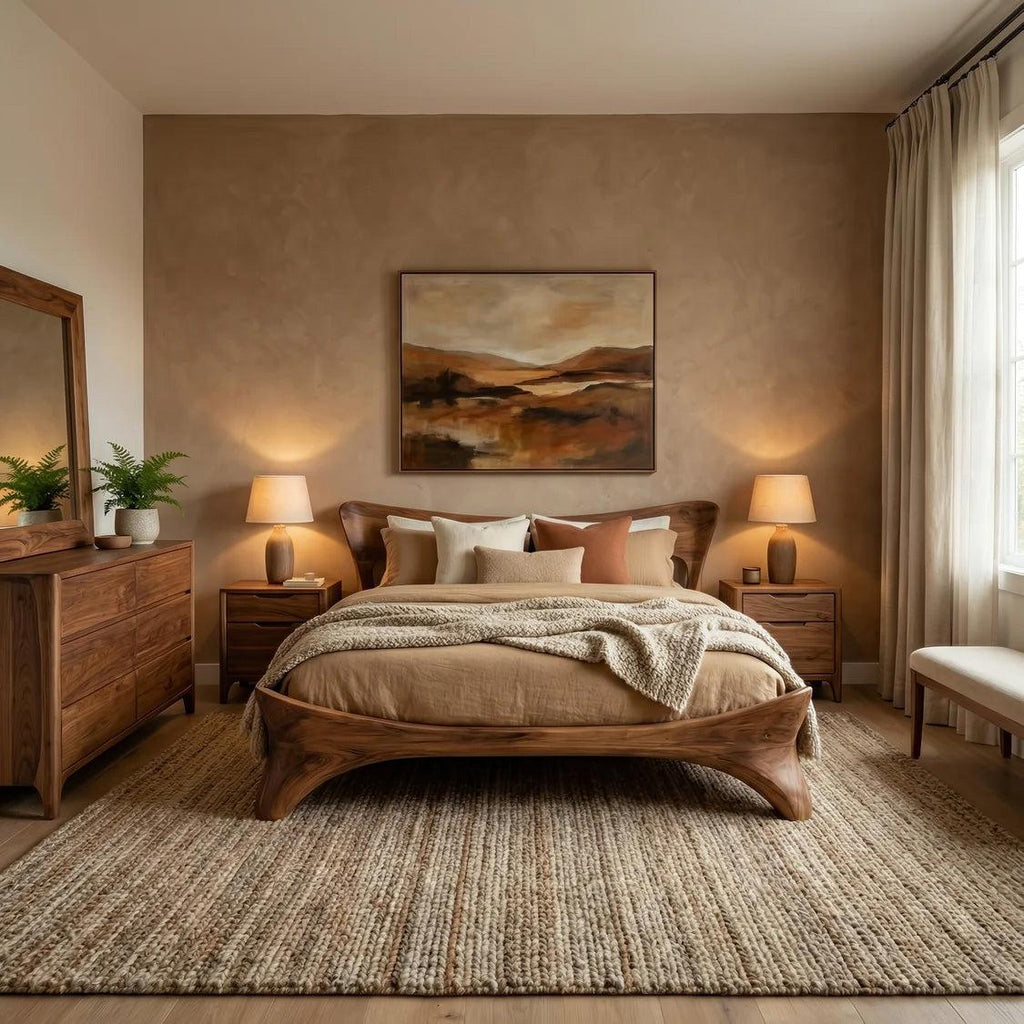 Teezano Organic Handcrafted Bed Frame, Solid Wood Platform Bed with Headboard for Contemporary Bedroom, RTTHHNWO011