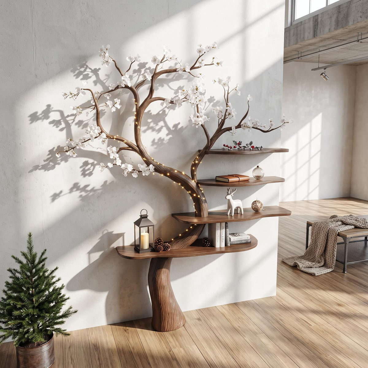 Rustic Natural Tree Bookshelf, Handcrafted Solid Wood Branch Shelving Unit, Artistic Decorative Storage for Living Room