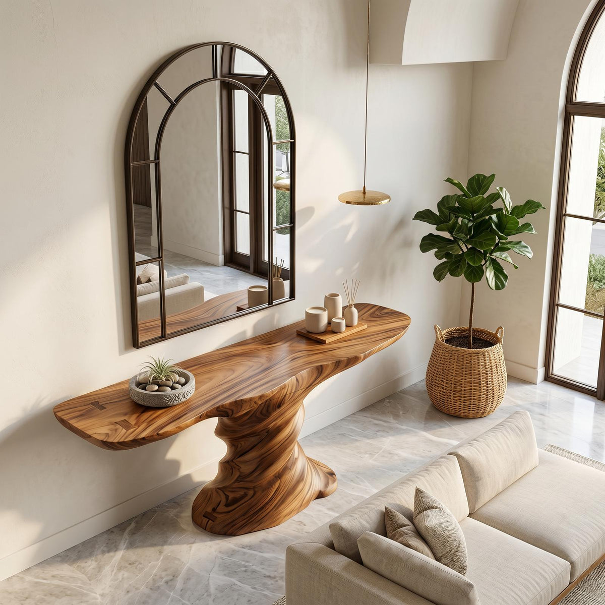 Organic Console Table, Sculptural Helix Base Handcrafted Wood Entryway Table for Hallway & Living Room