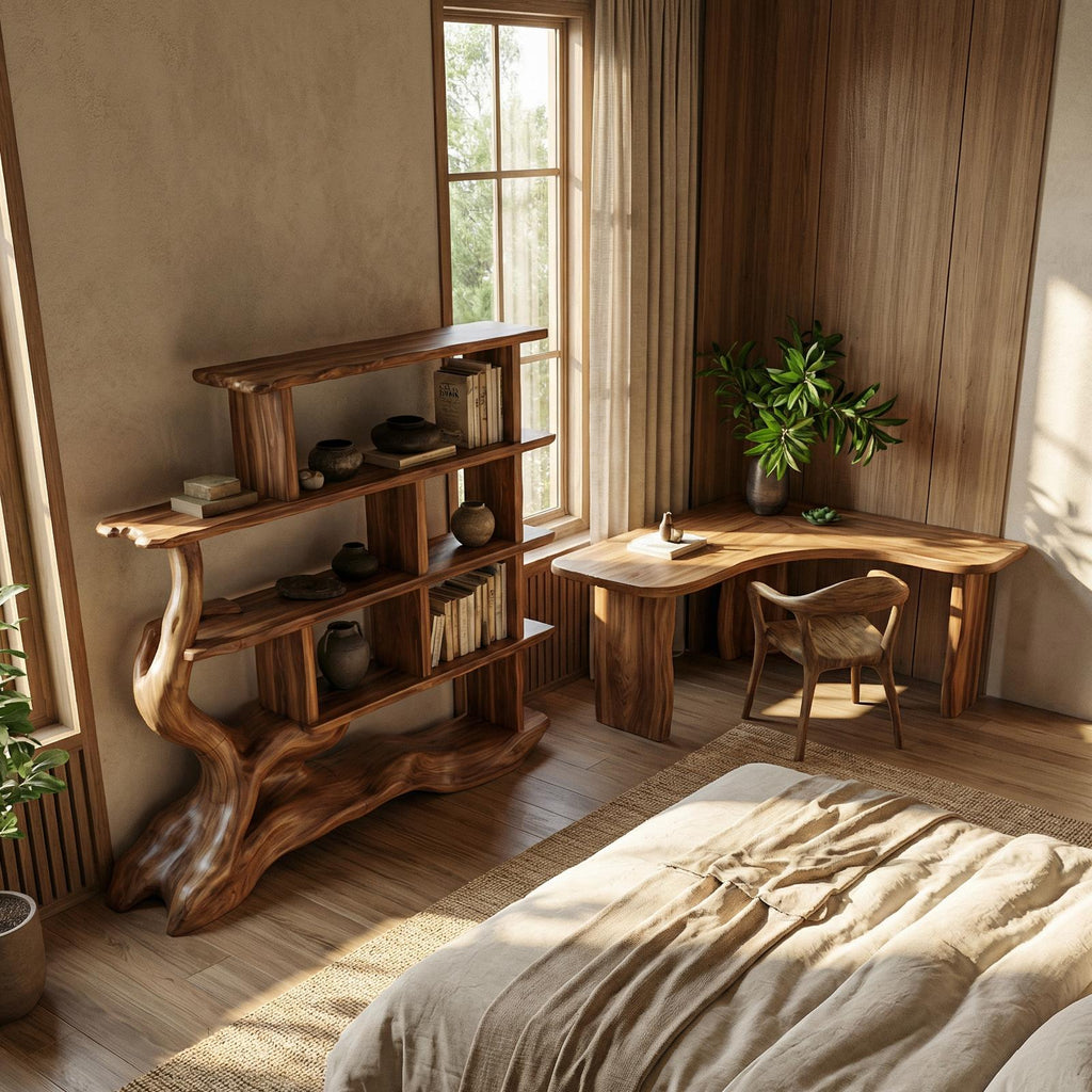 Unique Designer Bookshelf, Solid Wood Sculptural Multi-Tier Bookcase & Display Shelf for Living Room, Office