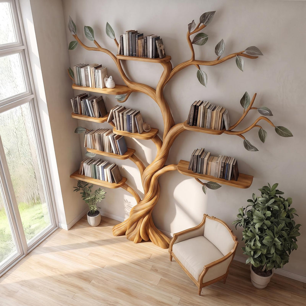 Rustic Tree Bookshelf, Solid Wood Wall Mounted Bookcase & Artistic Hanging Display Organizer for Modern Living Room