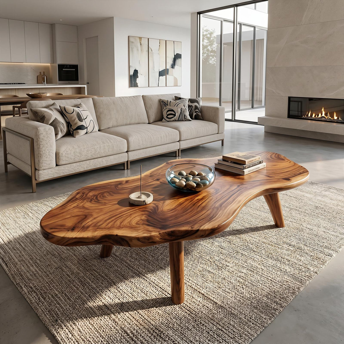 Mid Century Modern Live Edge Coffee Table, Handcrafted Natural Wood Slab Center Table with Metal Legs