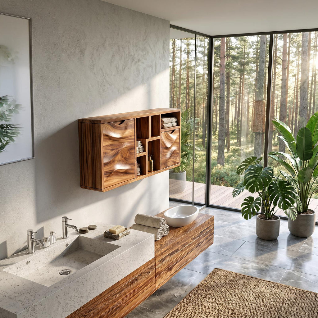 Spry Interior Organic Wave Panel Bathroom Cabinet, Solid Wood Spa Lounge Wall Mounted Storage Vanity, SILDTTRBRC013