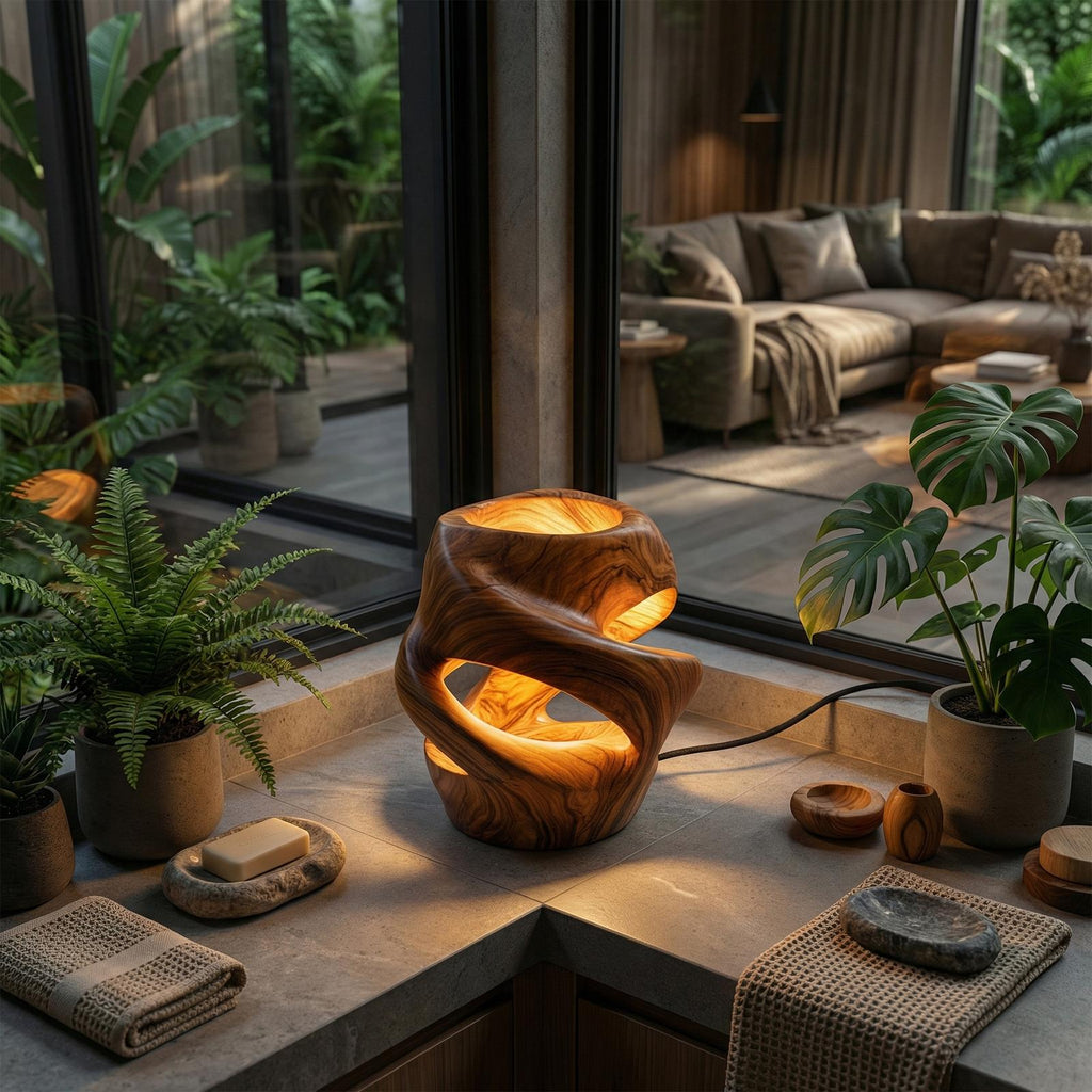 Contemporary Sculptural Table Lamp, Artistic Wood Accent Light for Dining Room & Kitchen Island