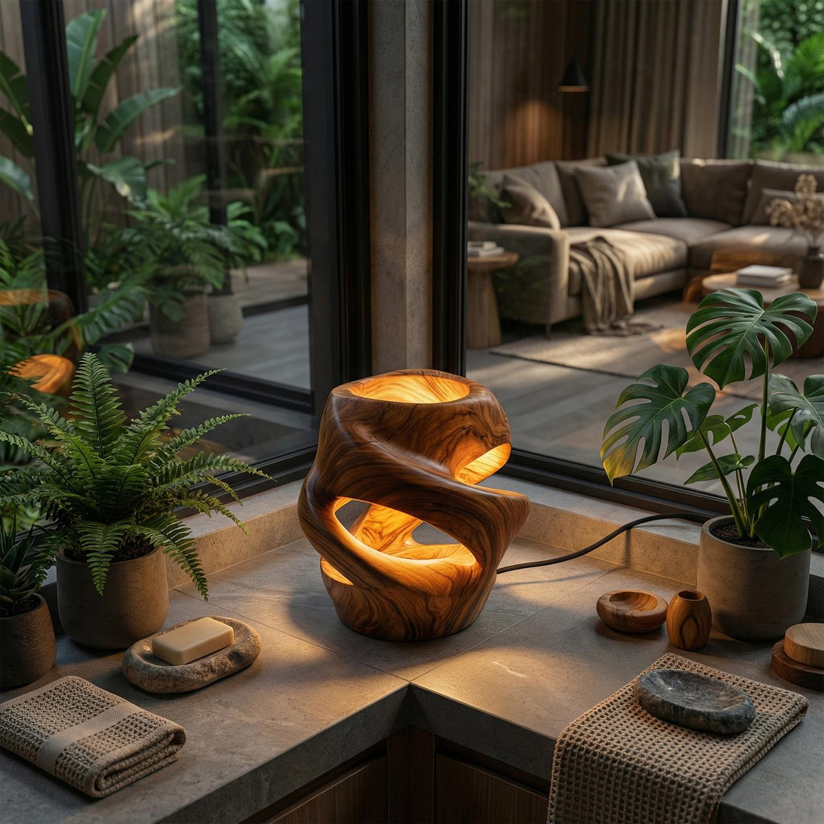 Contemporary Sculptural Table Lamp, Artistic Wood Accent Light for Dining Room & Kitchen Island