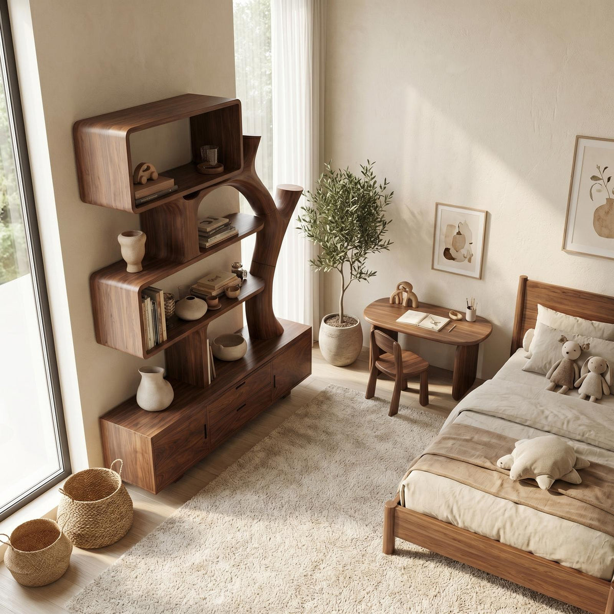 Sculptural Solid Wood Display Shelf with Storage, Modern Bookcase & Bookshelf Unit for Living Room Decor