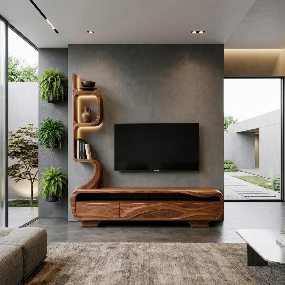 Organic Sculptural TV Console With Display Shelves For Living Room