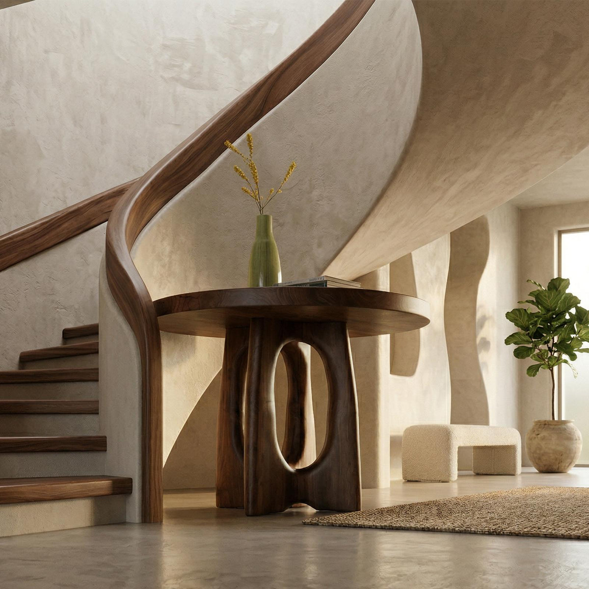 Round Entryway Center Table, Solid Wood Pedestal Foyer Table for Staircase, Hallway & Living Room