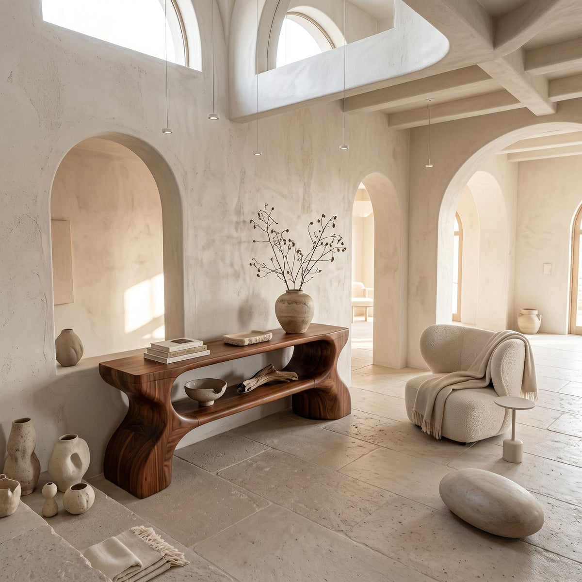 Contemporary Console Table, Architectural Curved Design Wood Entryway Table, Minimalist Sofa Table for Foyer