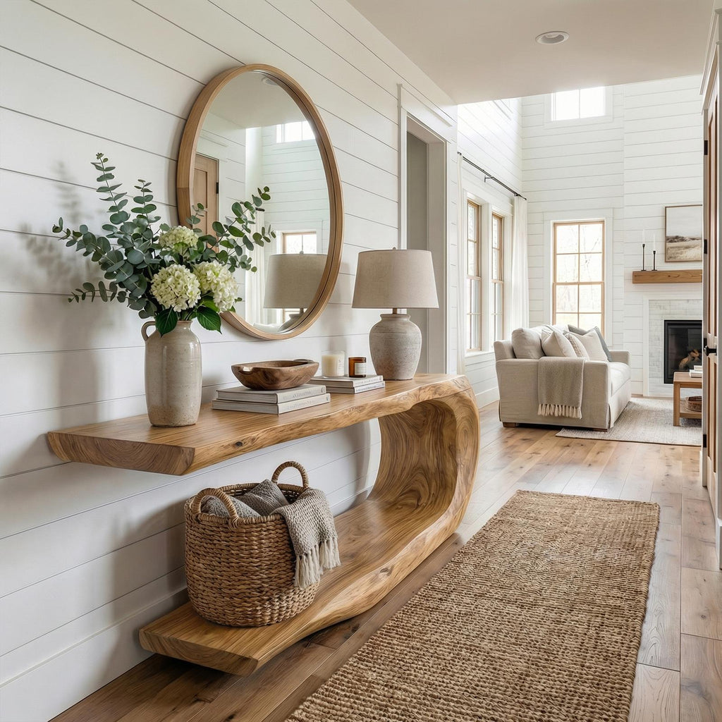 Rustic Console Table, Natural Solid Wood Narrow Entryway Sofa Table for Living Room