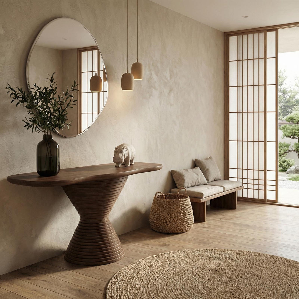 Modern Round Pedestal Console Table, Solid Wood Accent Sofa Table for Living Room & Foyer