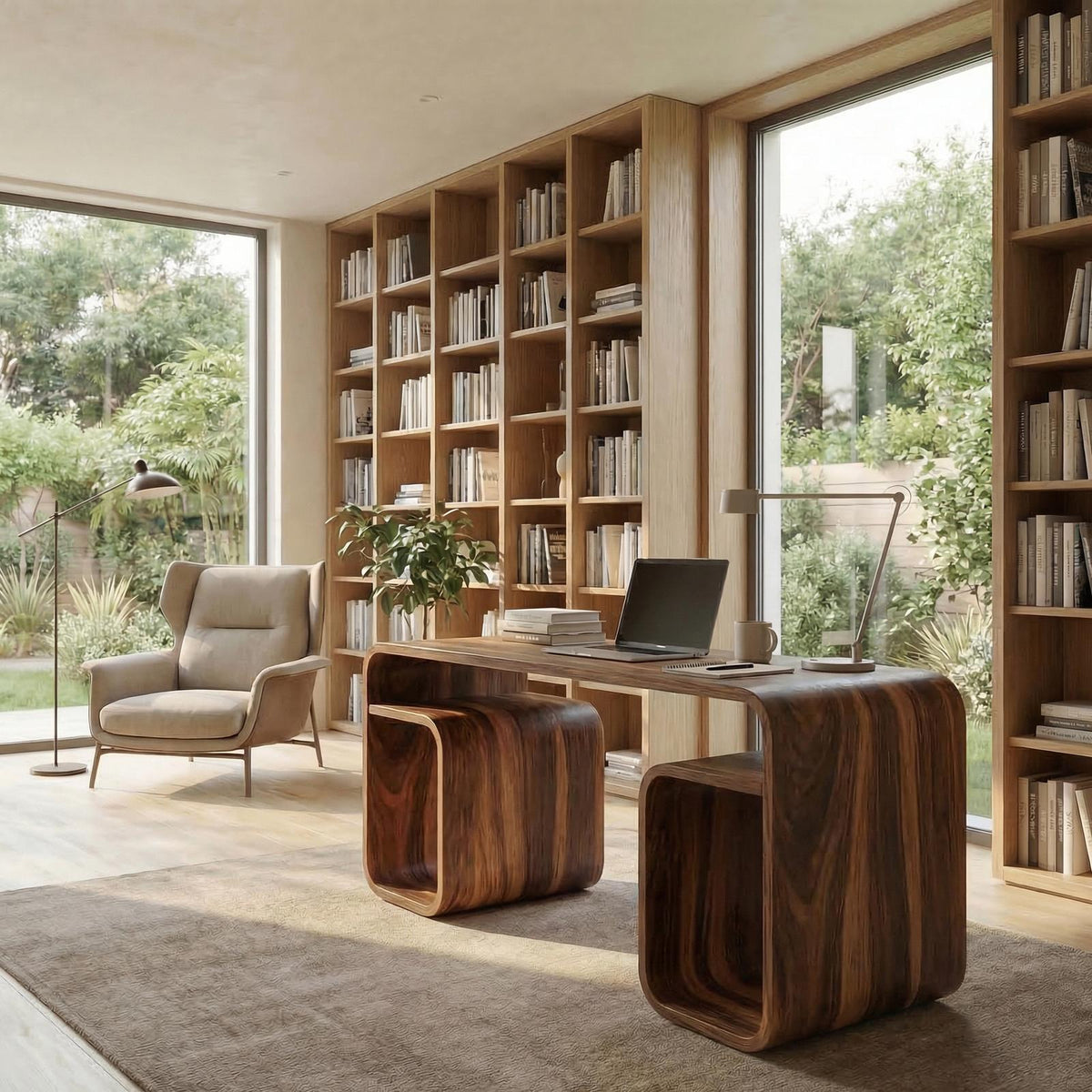 Japandi Curved Desk, Solid Wood Modern Writing Computer Desk for Bedroom & Study Room