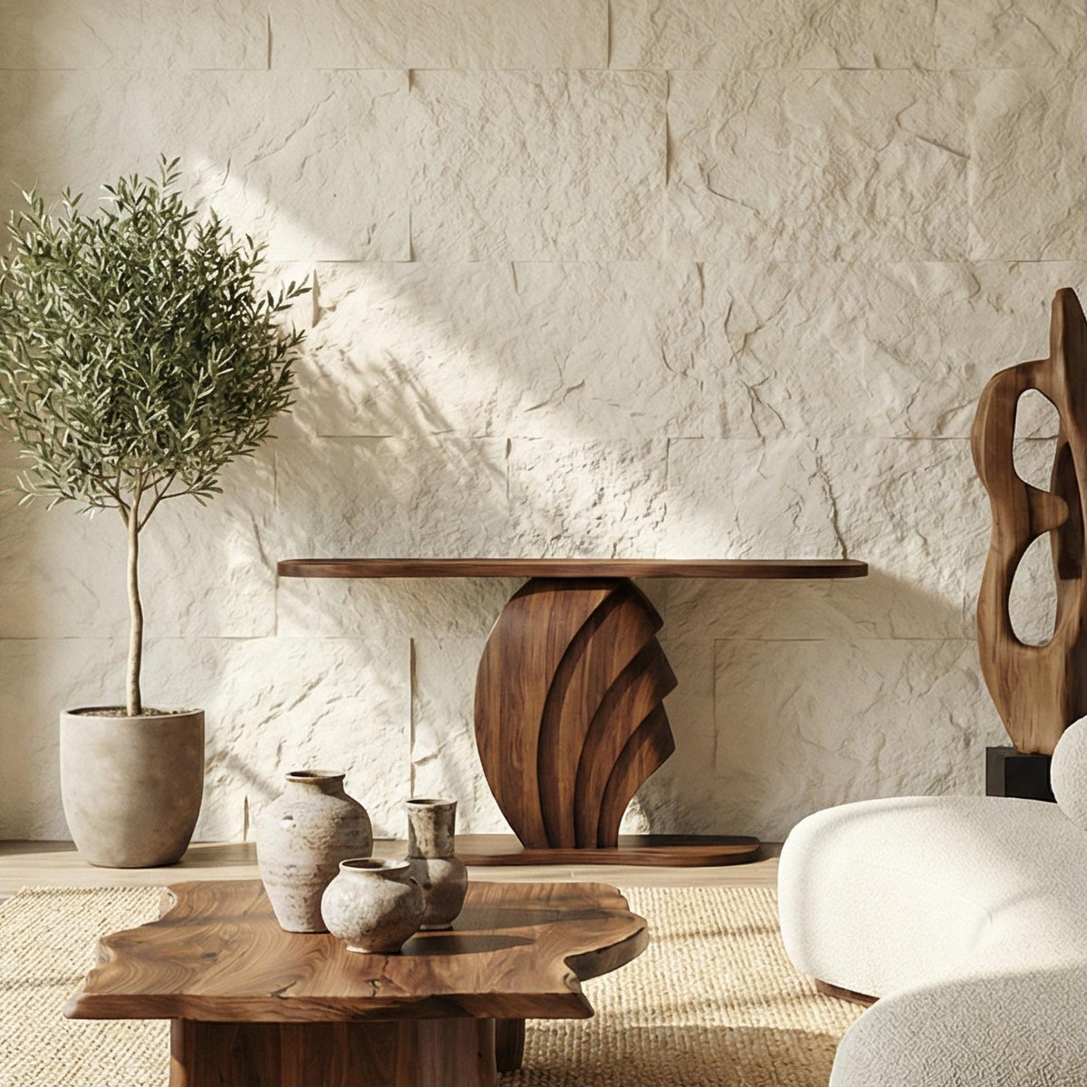 Modern Sculptural Console Table, Solid Wood Accent Sofa Table for Living Room & Entryway