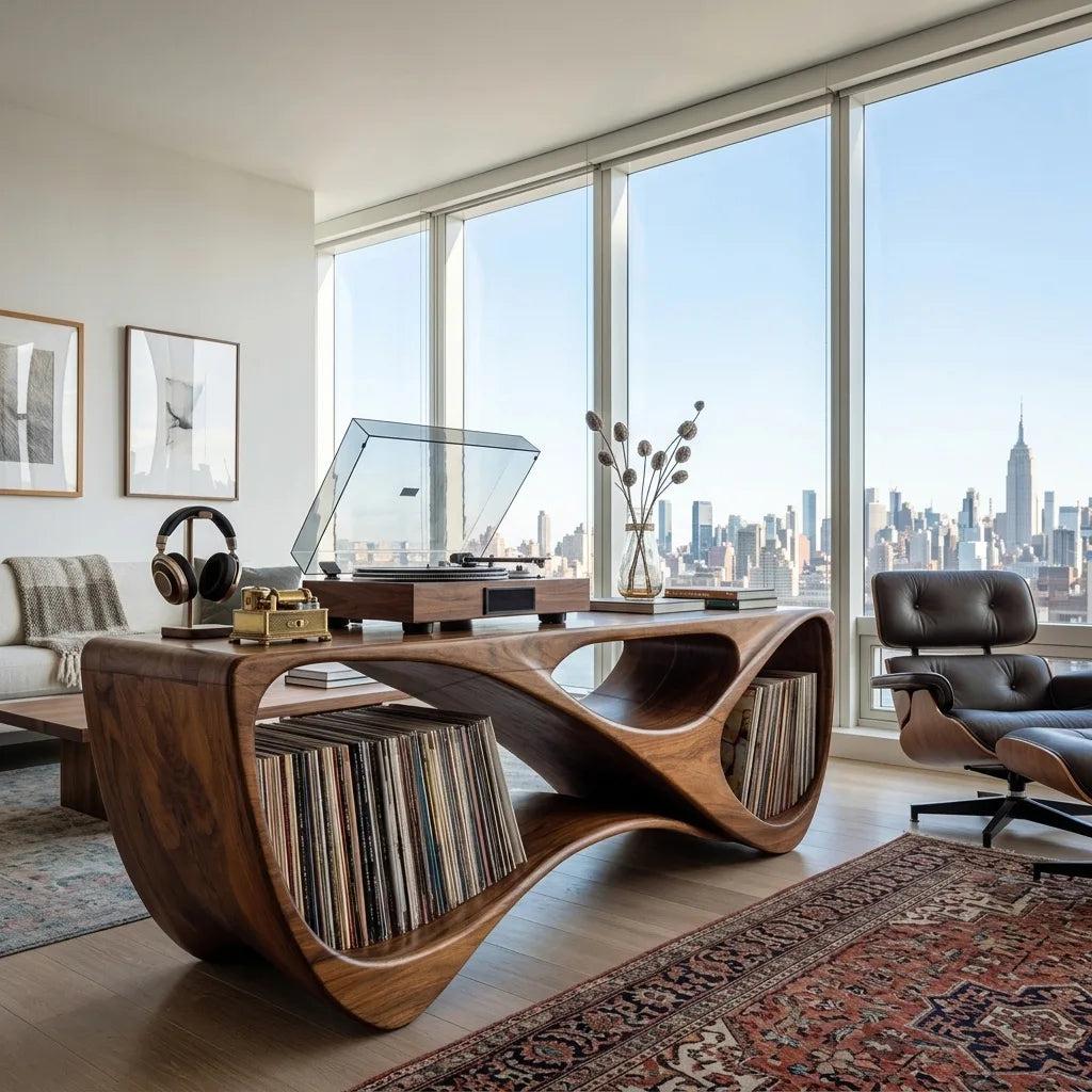 Contemporary Rounded Vinyl Record Console For Living Room