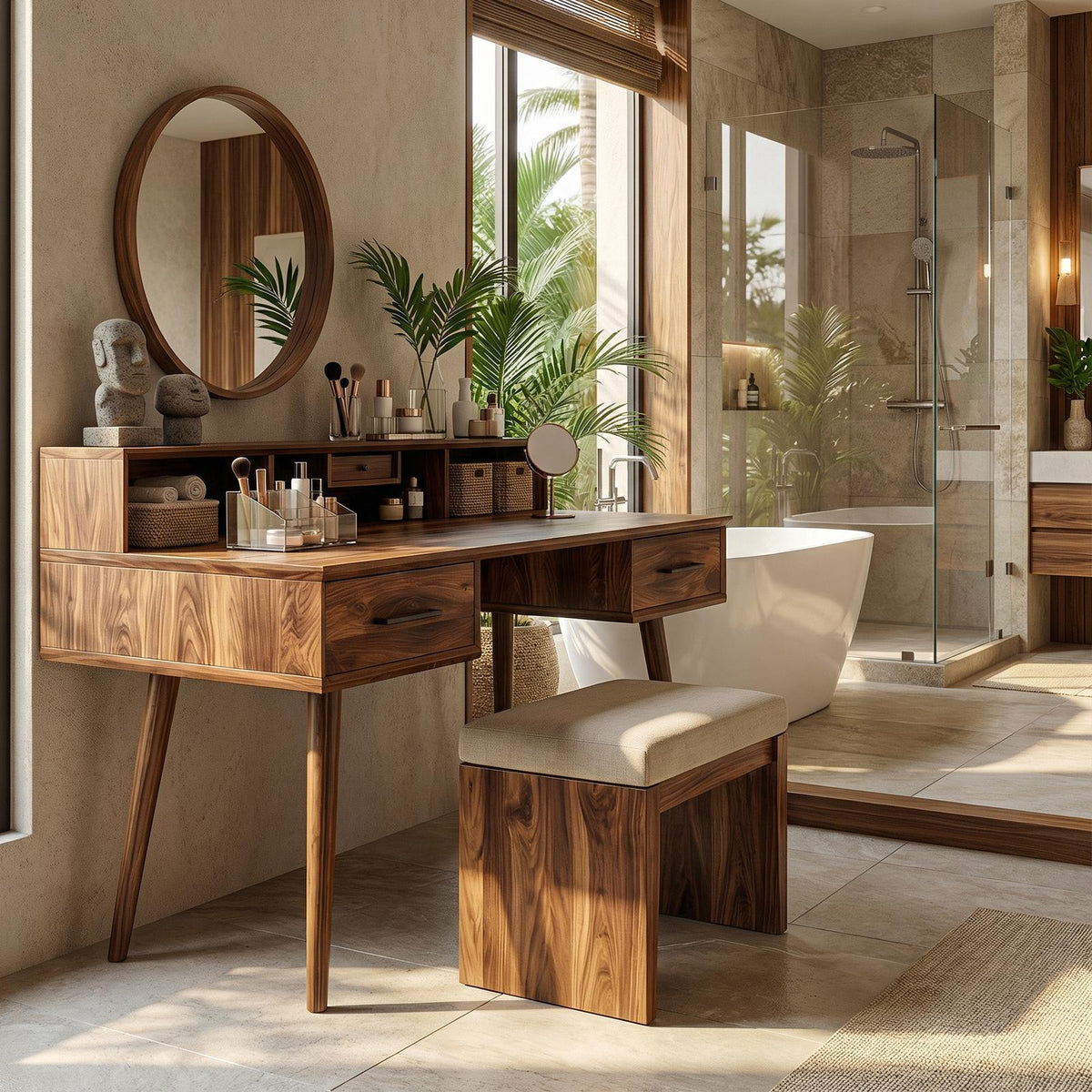 Spry Interior Elegant Wooden Vanity Table, Handcrafted Solid Wood Dressing Desk with Mirror & Drawers for Bedroom Makeup Studio, SILDTTRMV023