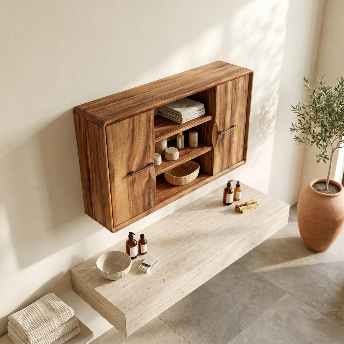 Spry Interior Japandi Solid Wood Open Shelf Bathroom Cabinet, Ensuite Vanity Organizer Cupboard, SILDTTRBRC003