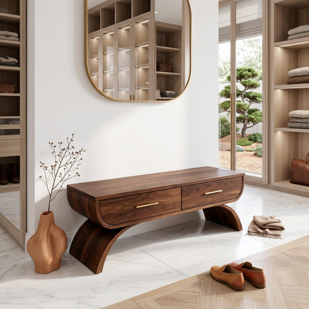 Contemporary Storage Bench with Pull-Out Drawer, Wood Mudroom Entryway Bench & Foyer Storage Organizer