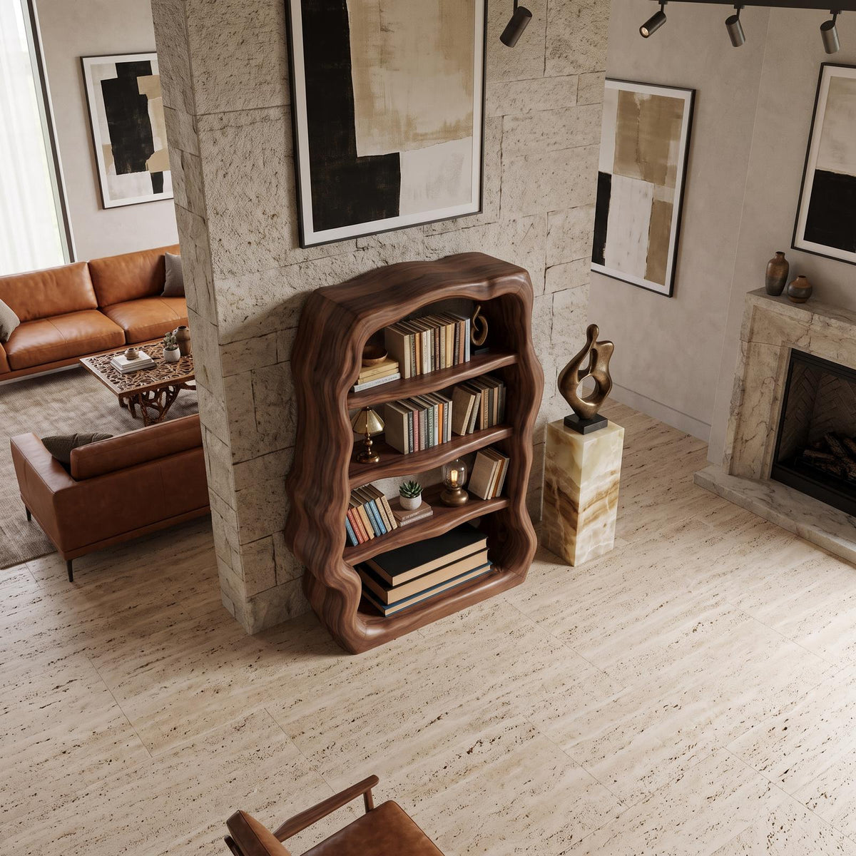 Rustic Sculptural Wooden Bookshelf, Carved Frame Solid Wood Bookcase for Living Room, Library, Office Storage