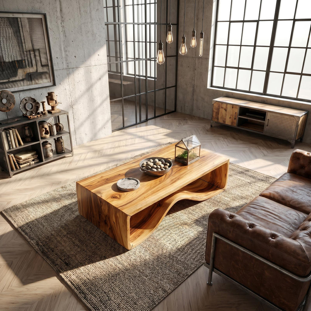 Wave Sculptural Wood Coffee Table, Modern Solid Wood Center Table for Library Lounge and Contemporary Living Room