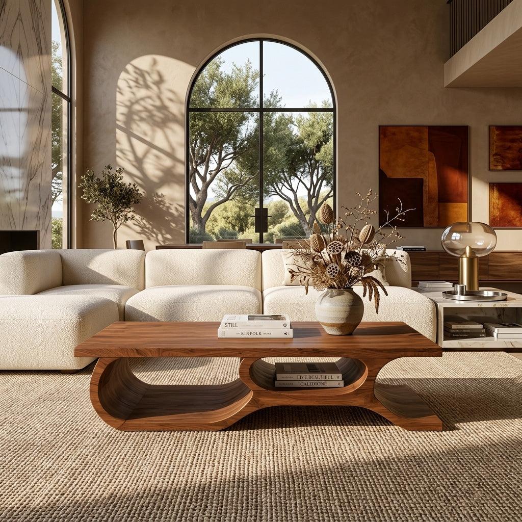 Organic Wooden Coffee Table with Open Shelf Design, Modern Low Profile Storage Center Table, Model