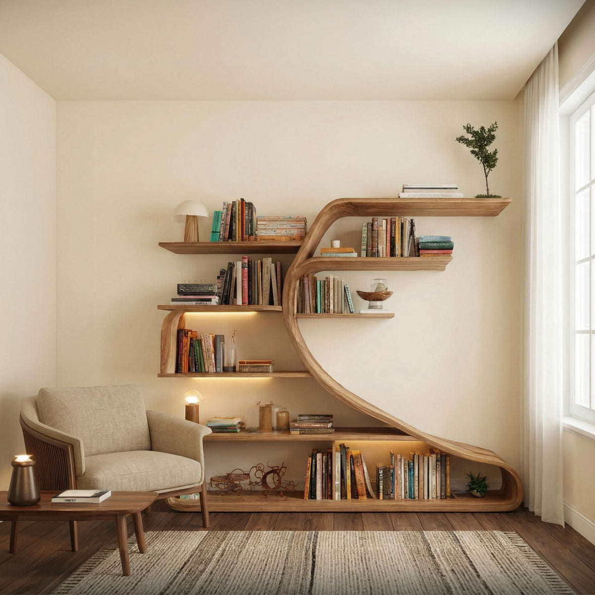 Rustic Sculptural Wood Wall Bookshelf, Floating Tree-Shape Book Display Shelf for Bedroom & Living Room