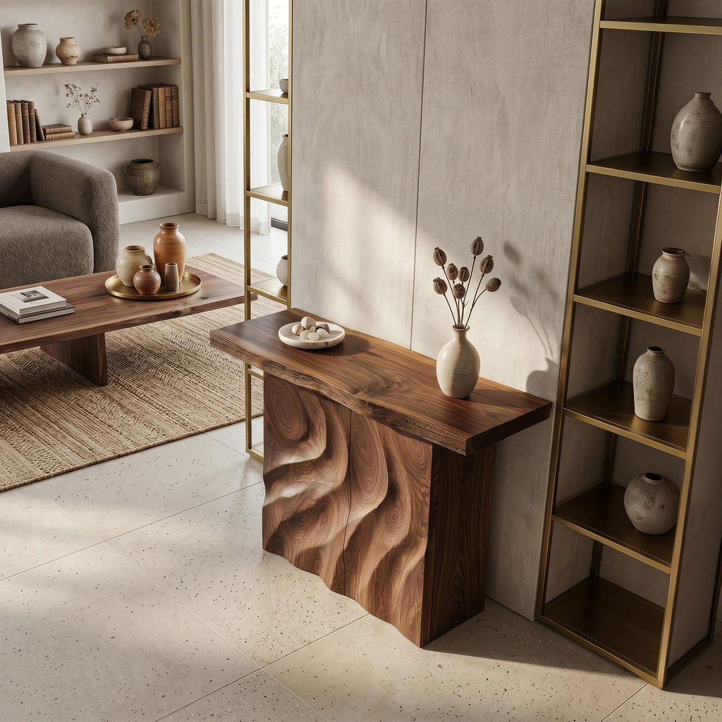 Mid Century Sculpted Base Console Table For Reception Area
