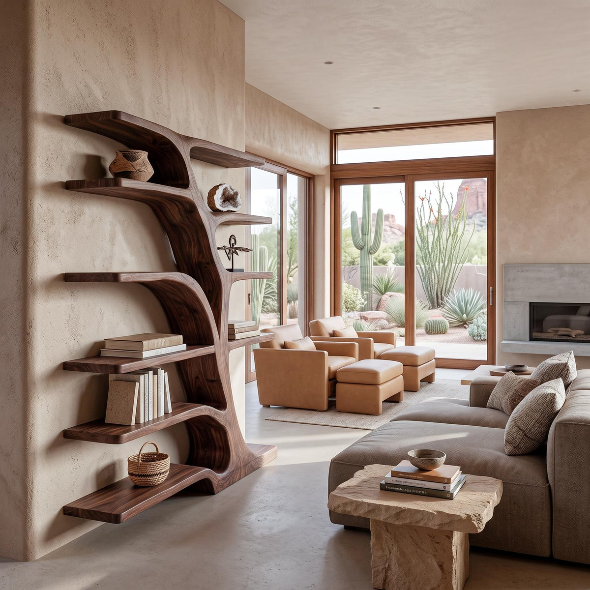 Modern Bookshelf with Flowing Curved Design, Handcrafted Solid Wood Bookcase for Elegant Living Room Display