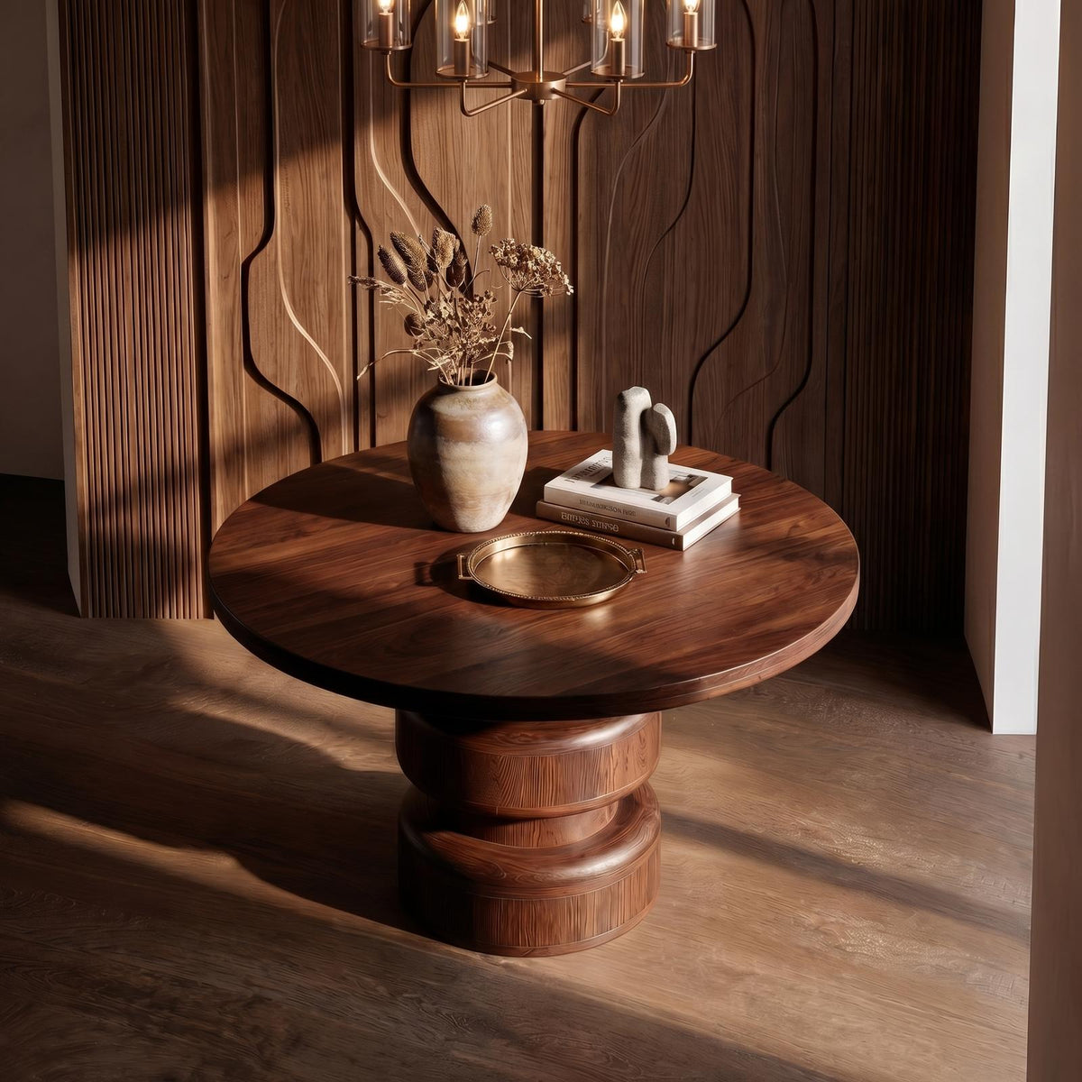 Sculptural Round Entryway Table, Solid Wood Modern Geometric Pedestal Foyer Table, Living Room Accent Stand