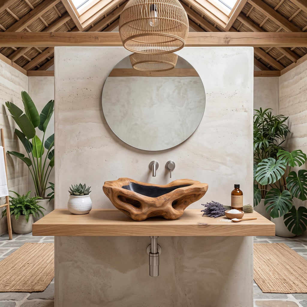 Rustic Wood Wash Basin, Handcrafted Natural Live Edge Wooden Vessel Sink for Vintage Farmhouse Bathroom Vanity