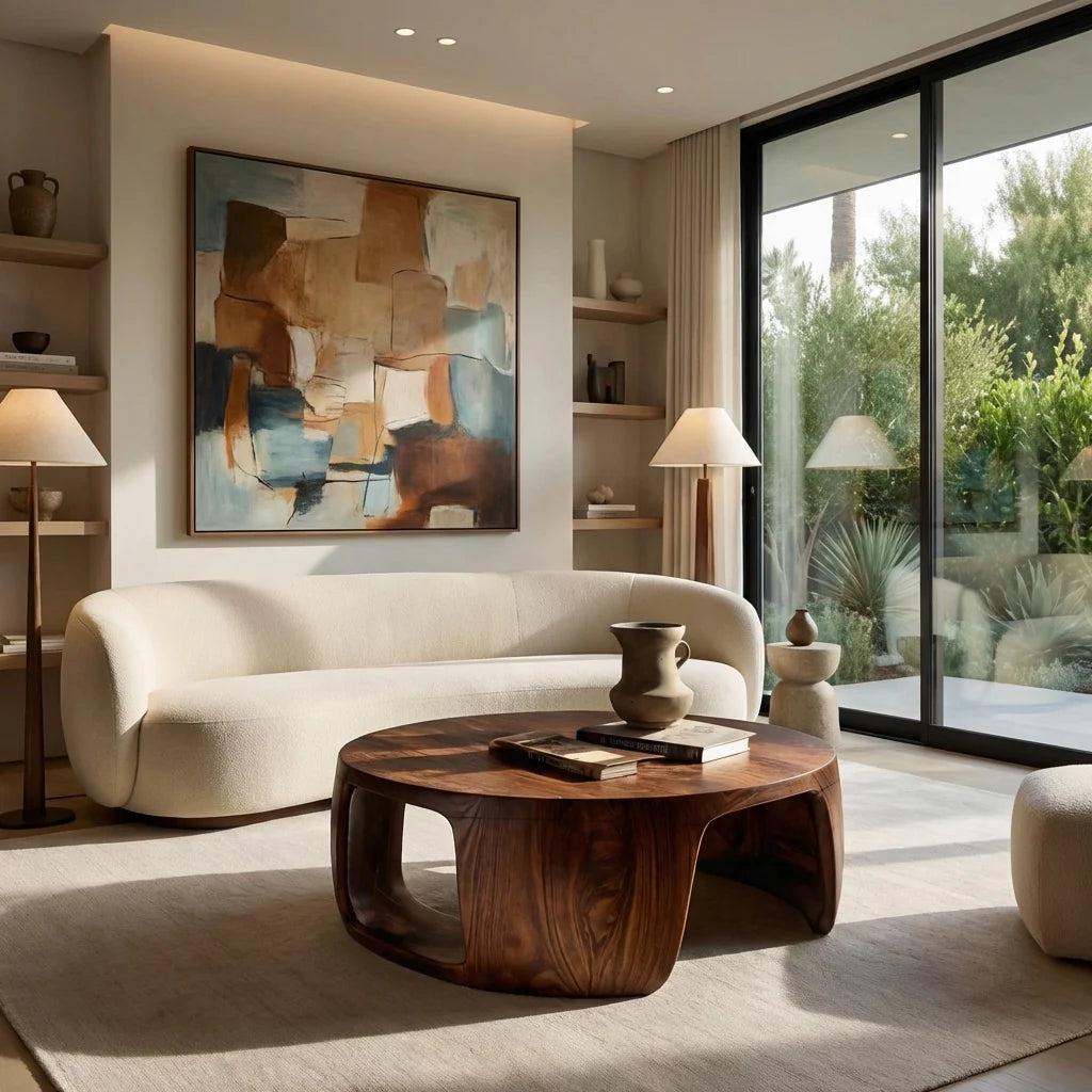 Minimalist Round Wooden Coffee Table with Sculptural Form, Handcrafted Solid Wood Living Room Center Table, Model