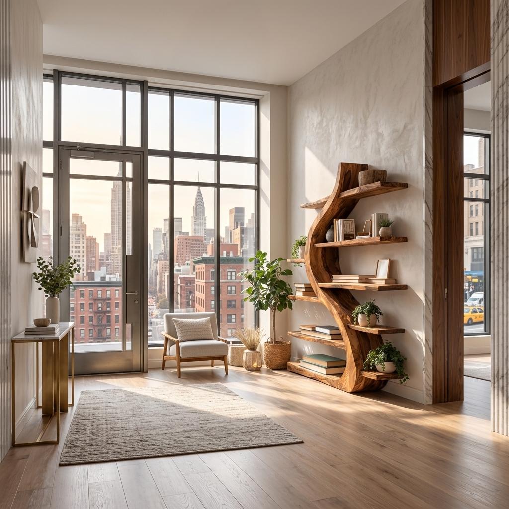 Organic Wooden Bookshelf Soft Curved Design For Home Decor