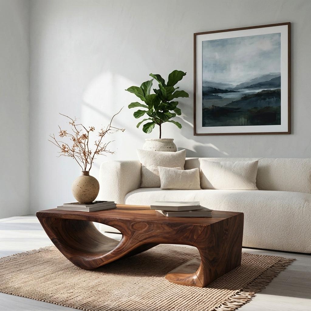 Spry Interior Minimalist Curved Wooden Coffee Table, Modern Organic Sleek Center Table for Living Room, Model RTTHHNCF047
