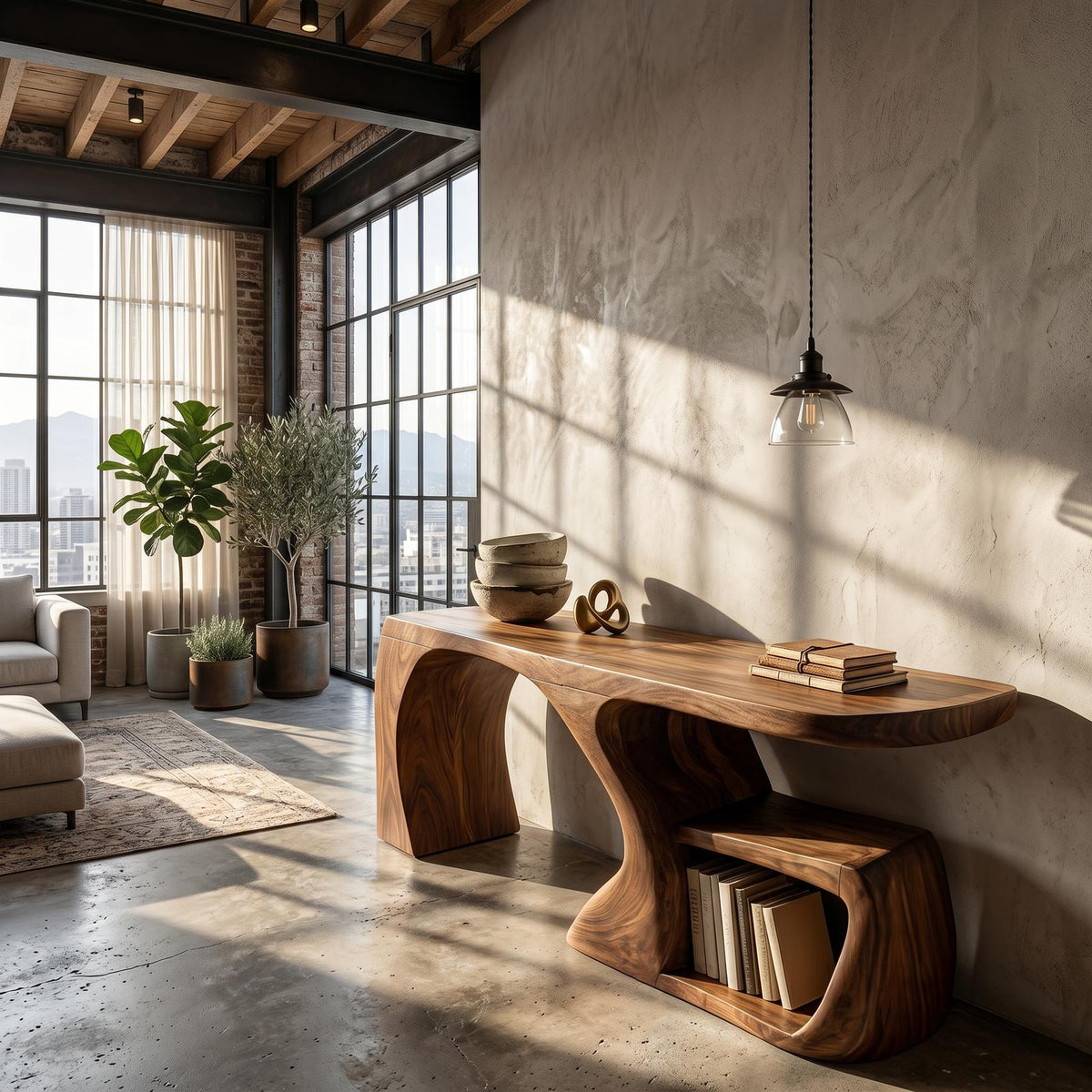 Modern Console Table, Architectural Curved Wood Entryway Table, Minimalist Sofa Table for Hallway & Foyer